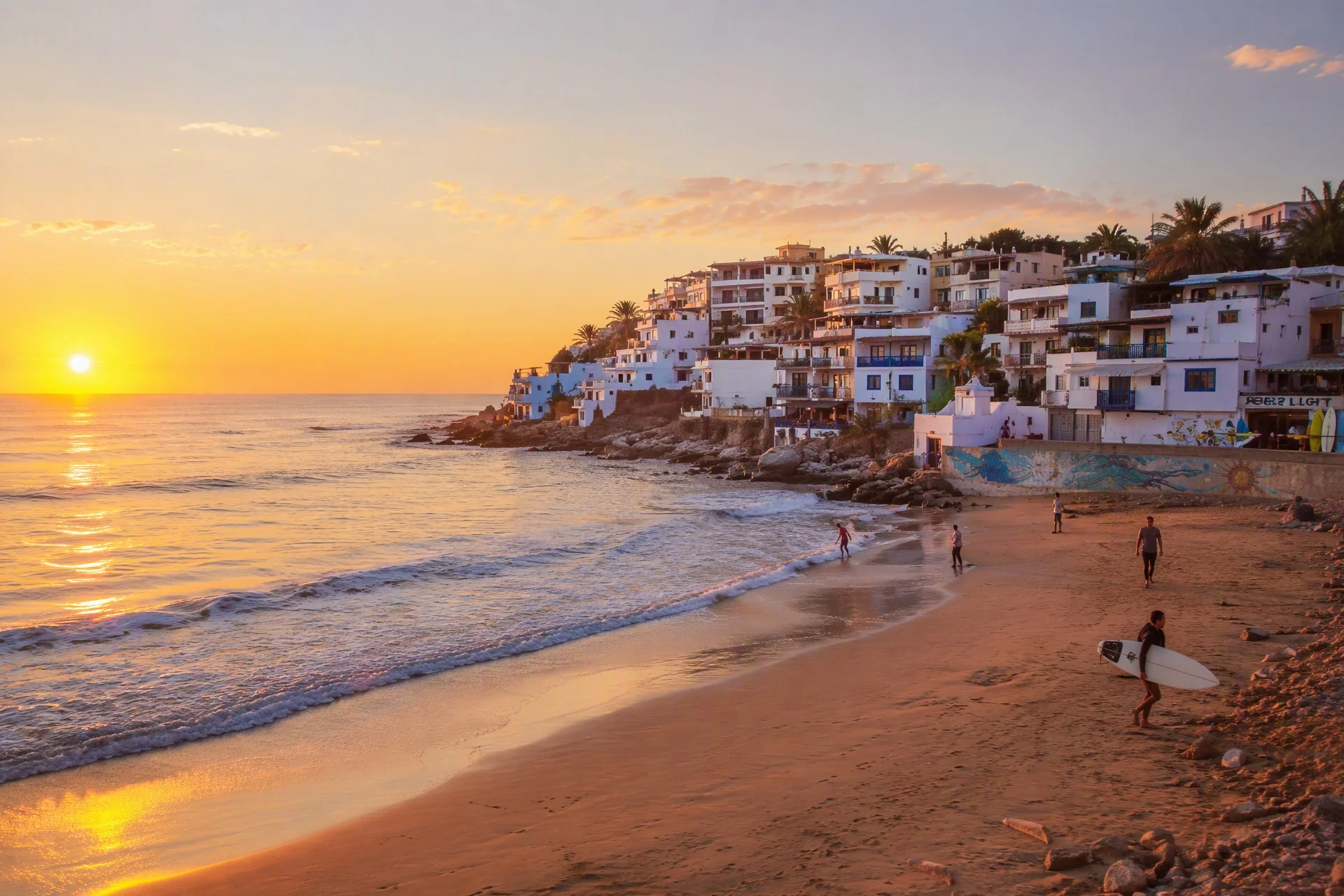 Taghazout surf village near Agadir — barefoot luxury recovery hotels by the ocean, Morocco