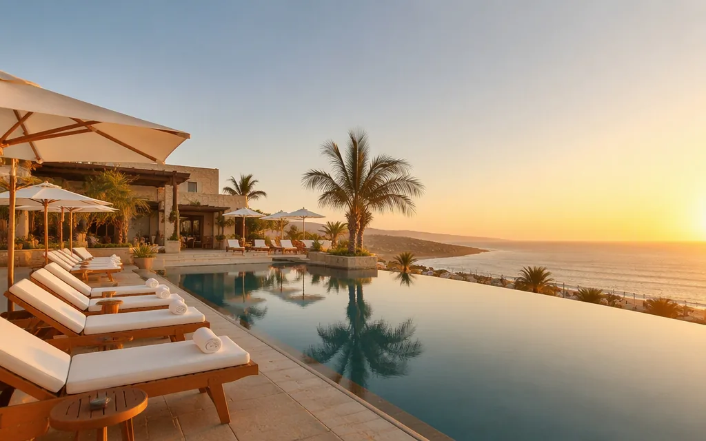 Fairmont Taghazout Bay infinity pool at sunset over the Atlantic — five-star oceanfront luxury recovery hotel in Taghazout