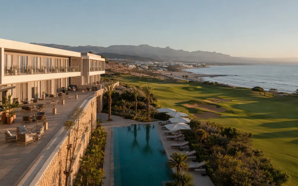 Hyatt Place Taghazout Bay modern resort overlooking golf course and Atlantic ocean — recovery hotel in Taghazout Morocco