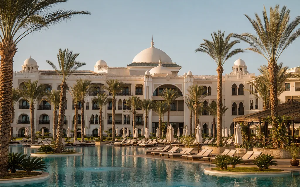 Hotel Riu Palace Tikida Agadir palm-lined pool and Moorish palace facade — all-inclusive beachfront resort in Agadir